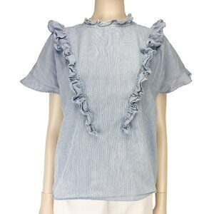 AMERCICO & ROSA Blue White‎ Coastal PinStriped Ruffled Blouse Top Size M